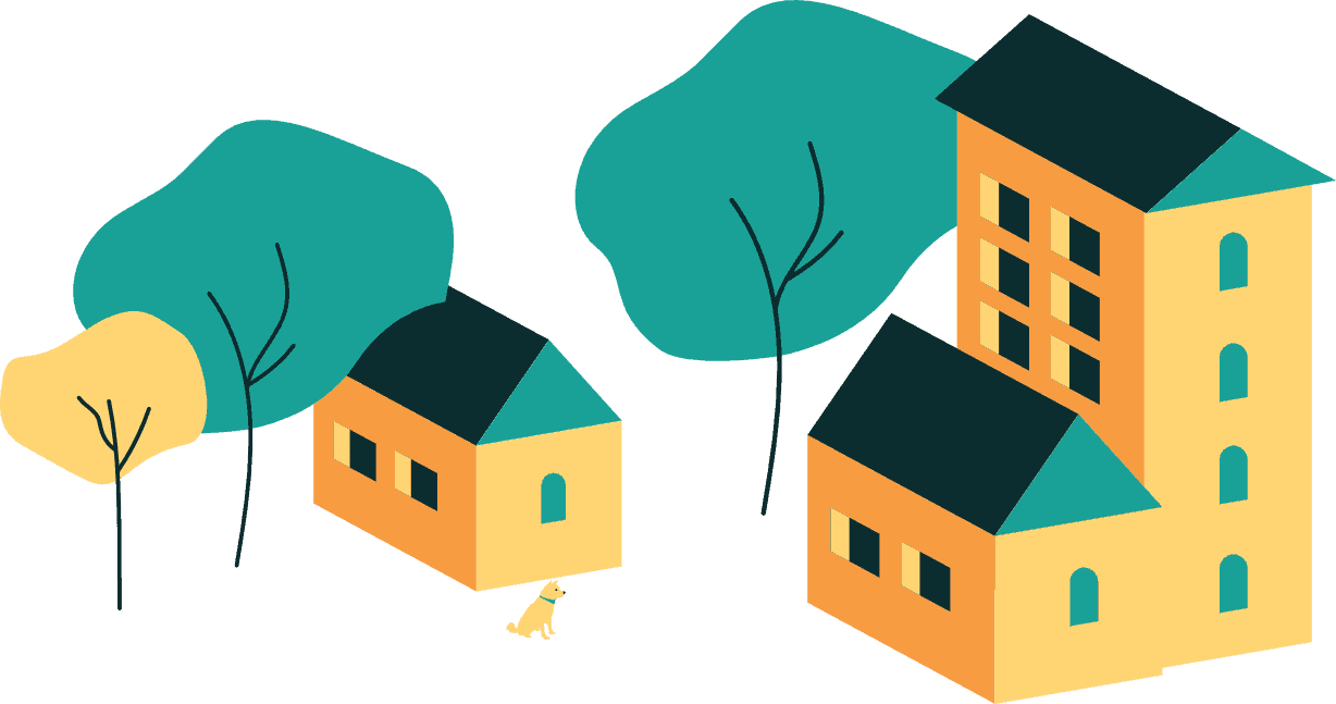 SOSCH - home page illustration (stylised buildings and trees)